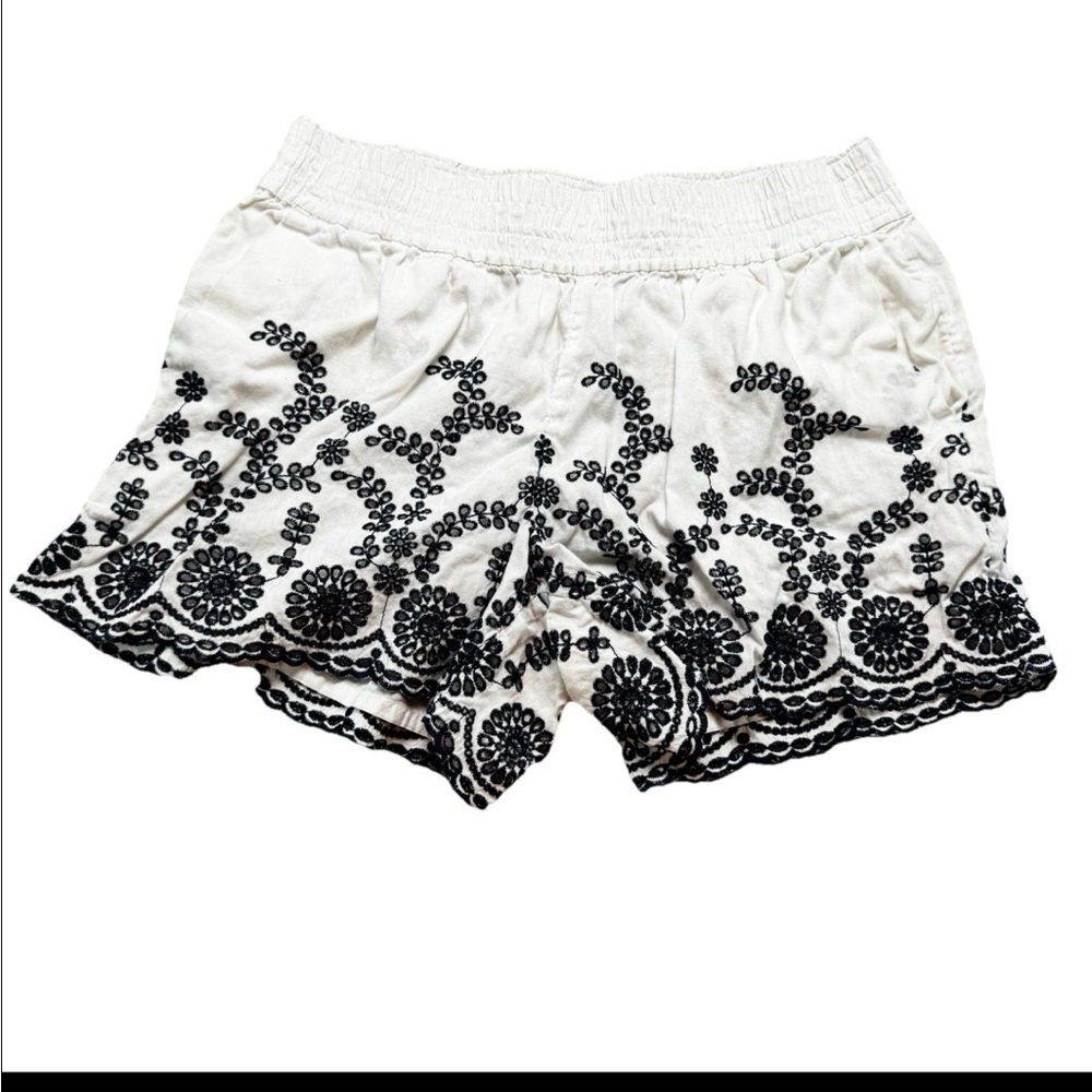 J. Crew Medium Blue White Floral Embroidered Pull-on Shorts Lined Pockets Linen